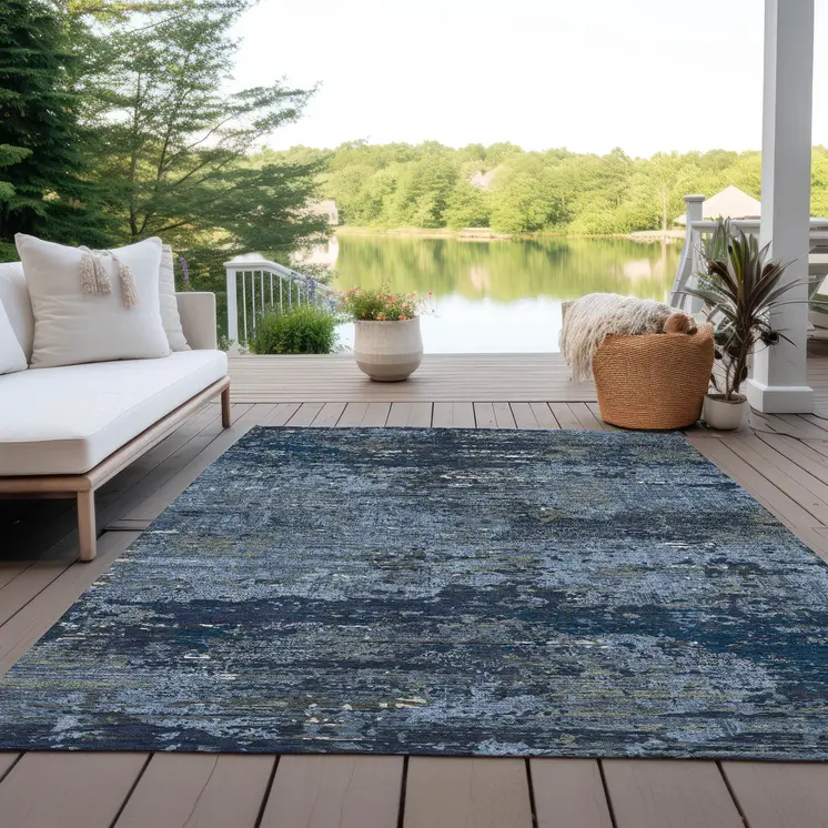 3' X 5' Blue And Navy Blue Abstract Washable Indoor Outdoor Area Rug