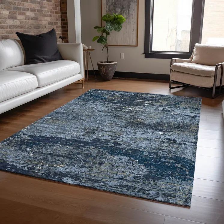 3' X 5' Blue And Navy Blue Abstract Washable Indoor Outdoor Area Rug