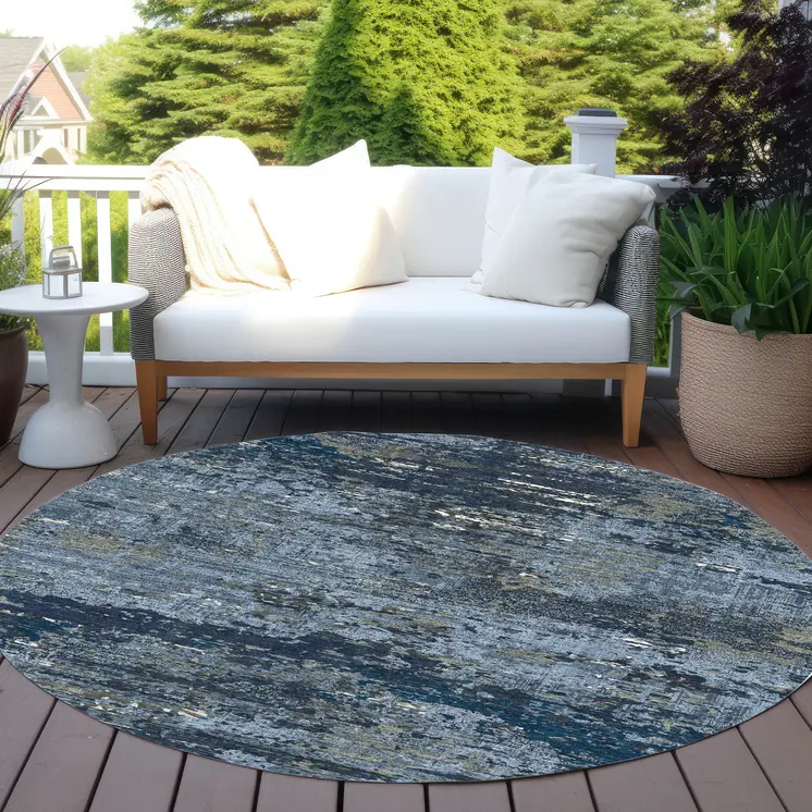 8' Blue And Navy Blue Round Abstract Washable Indoor Outdoor Area Rug