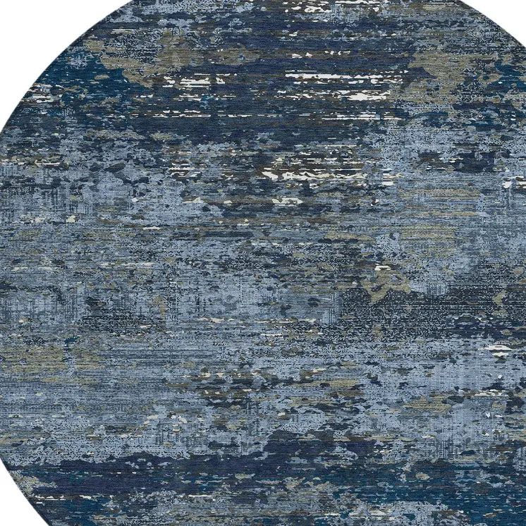 8' Blue And Navy Blue Round Abstract Washable Indoor Outdoor Area Rug