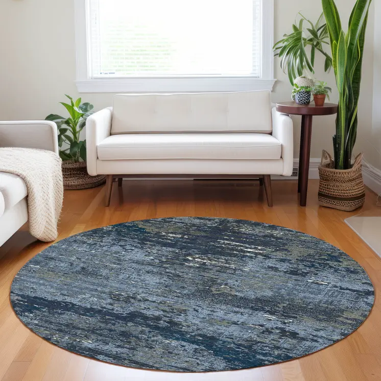 8' Blue And Navy Blue Round Abstract Washable Indoor Outdoor Area Rug