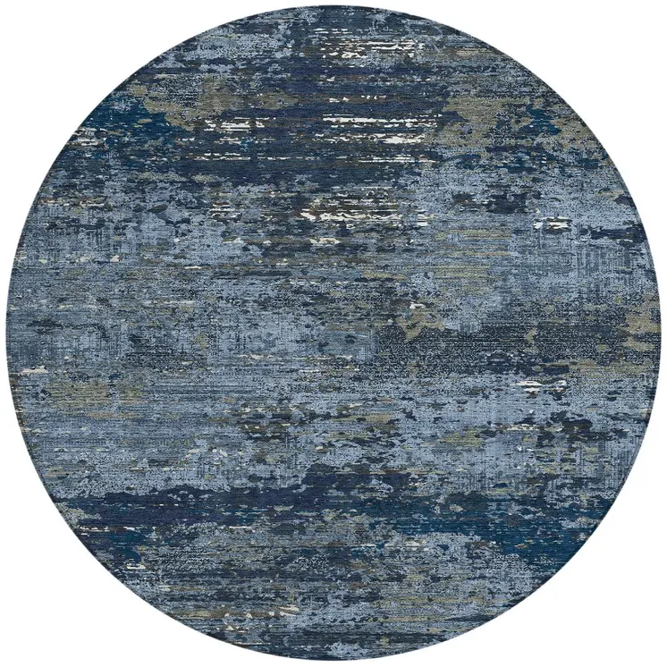 8' Blue And Navy Blue Round Abstract Washable Indoor Outdoor Area Rug