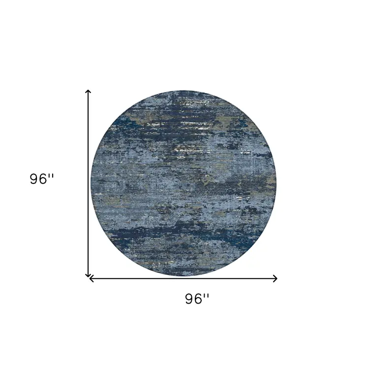 8' Blue And Navy Blue Round Abstract Washable Indoor Outdoor Area Rug