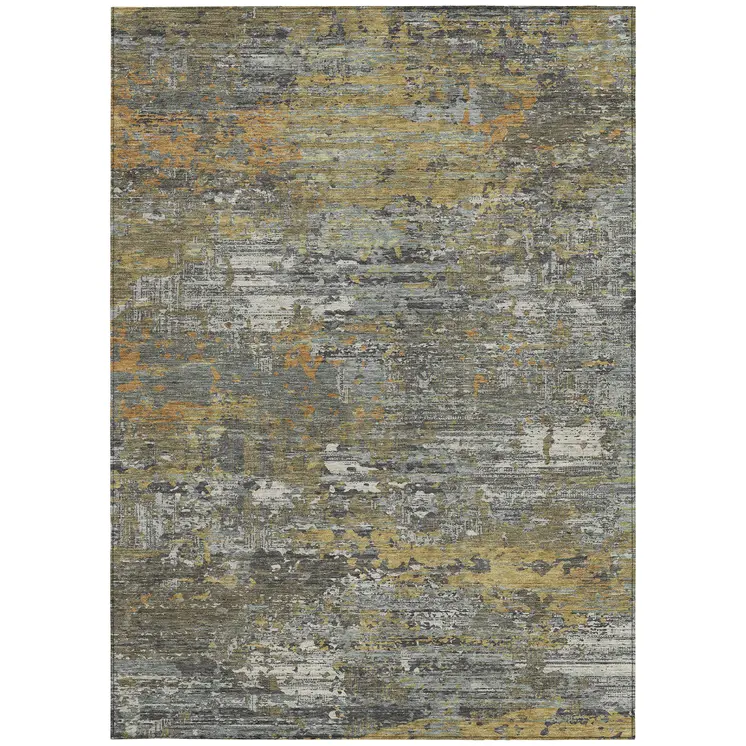 3' X 5' Gold And Taupe Abstract Washable Indoor Outdoor Area Rug