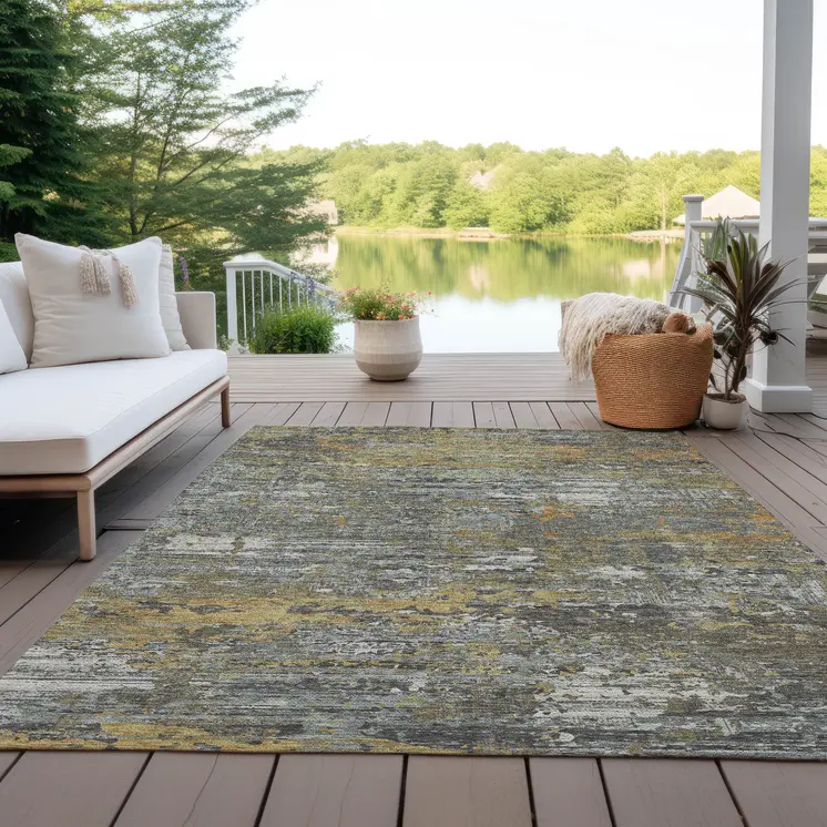 3' X 5' Gold And Taupe Abstract Washable Indoor Outdoor Area Rug