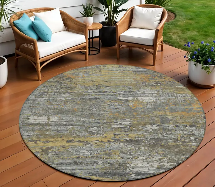 8' Gold And Taupe Round Abstract Washable Indoor Outdoor Area Rug