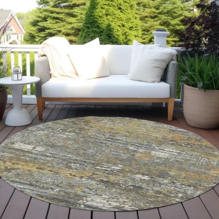 8' Gold And Taupe Round Abstract Washable Indoor Outdoor Area Rug