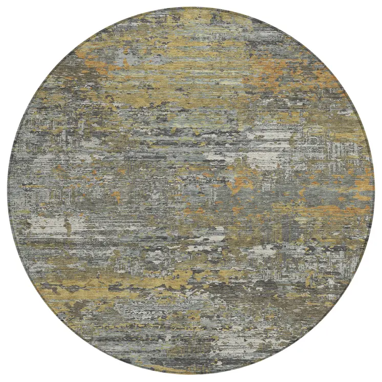 8' Gold And Taupe Round Abstract Washable Indoor Outdoor Area Rug