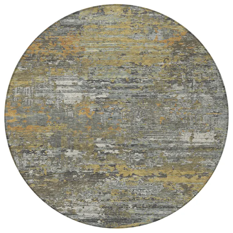 8' Gold And Taupe Round Abstract Washable Indoor Outdoor Area Rug