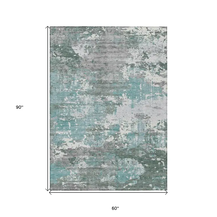 5' X 8' Blue And Teal Blue Abstract Washable Indoor Outdoor Area Rug