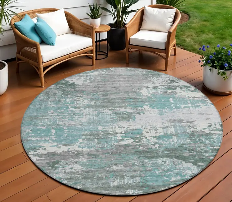 8' Blue And Teal Blue Round Abstract Washable Indoor Outdoor Area Rug