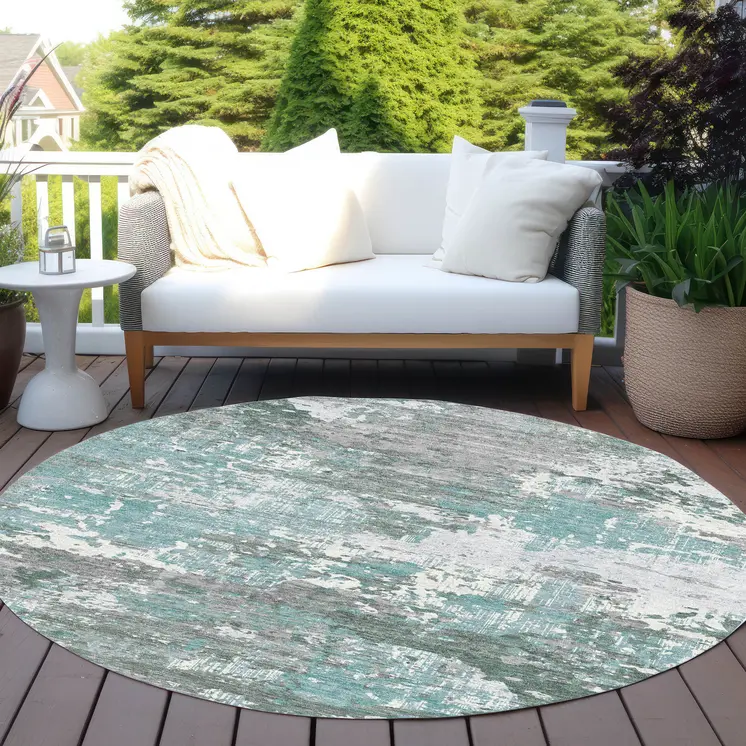 8' Blue And Teal Blue Round Abstract Washable Indoor Outdoor Area Rug