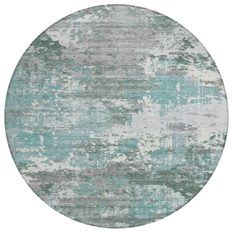 8' Blue And Teal Blue Round Abstract Washable Indoor Outdoor Area Rug