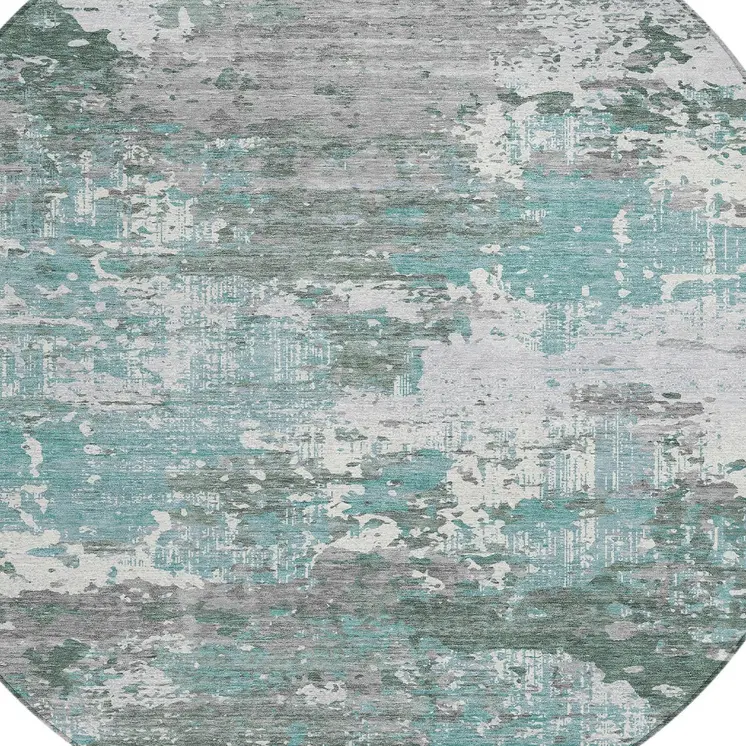 8' Blue And Teal Blue Round Abstract Washable Indoor Outdoor Area Rug