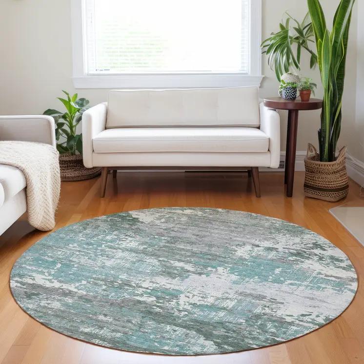8' Blue And Teal Blue Round Abstract Washable Indoor Outdoor Area Rug