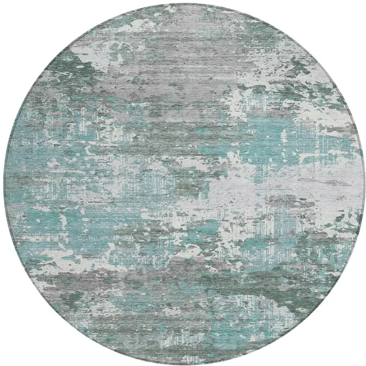 8' Blue And Teal Blue Round Abstract Washable Indoor Outdoor Area Rug