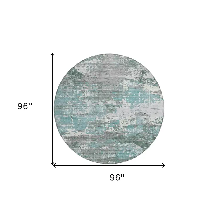 8' Blue And Teal Blue Round Abstract Washable Indoor Outdoor Area Rug