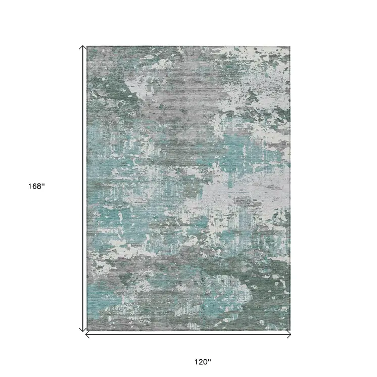 10' X 14' Blue And Teal Blue Abstract Washable Indoor Outdoor Area Rug