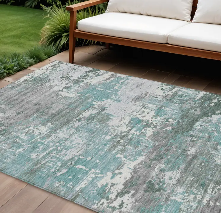 10' X 14' Blue And Teal Blue Abstract Washable Indoor Outdoor Area Rug