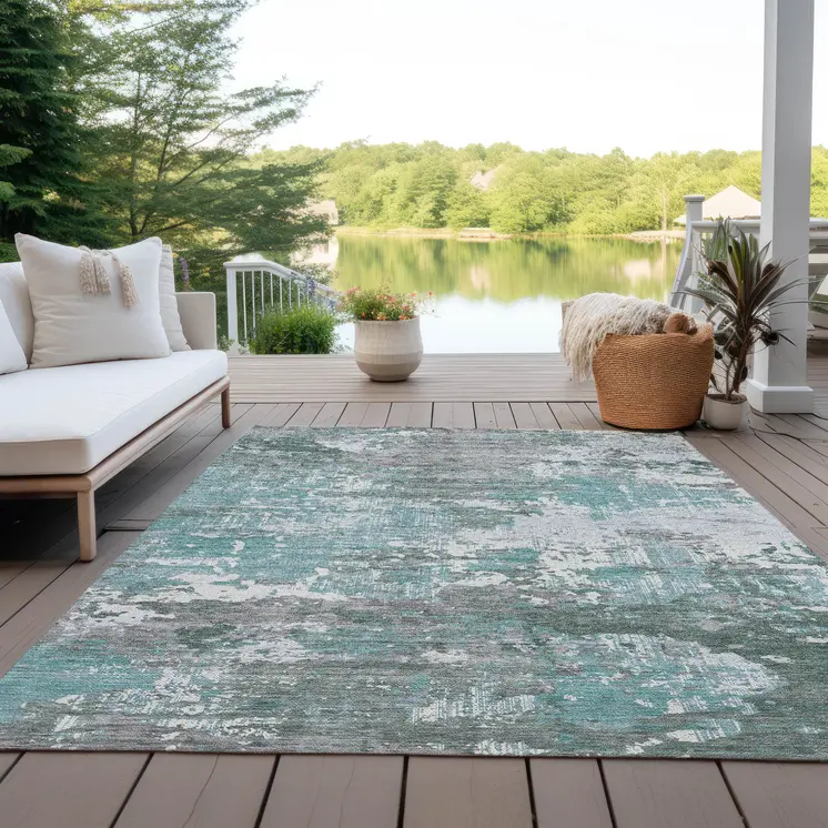 10' X 14' Blue And Teal Blue Abstract Washable Indoor Outdoor Area Rug