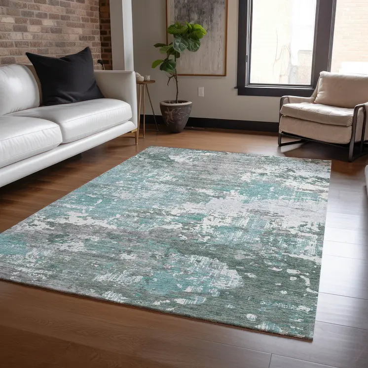 10' X 14' Blue And Teal Blue Abstract Washable Indoor Outdoor Area Rug