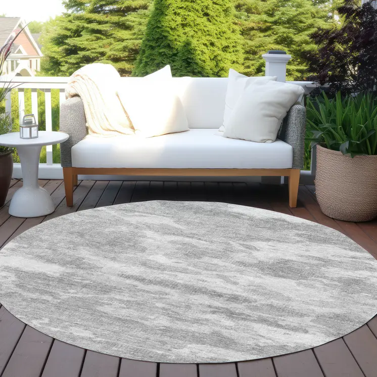 8' Silver And Gray Round Abstract Washable Indoor Outdoor Area Rug