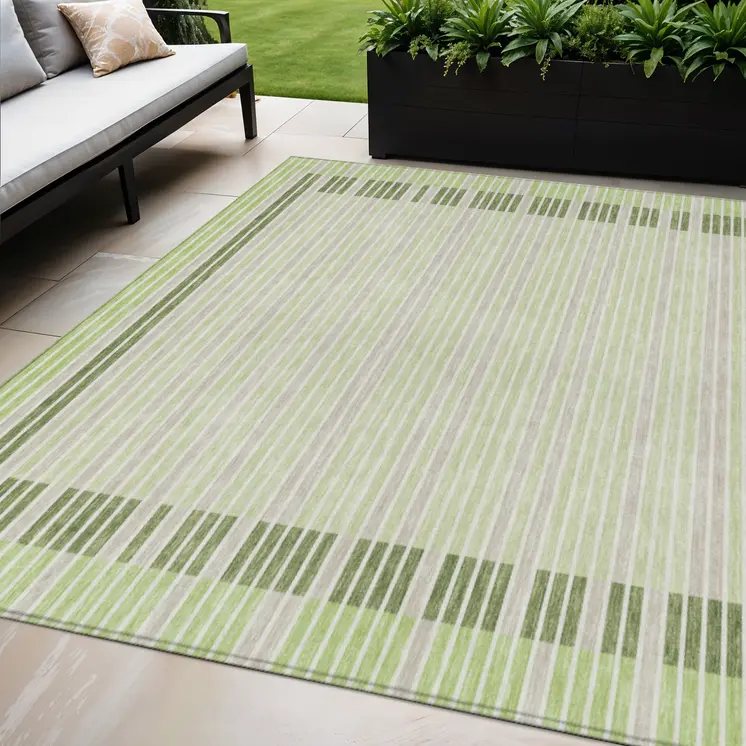 5' X 8' Artichoke Green And Mint Green Striped Washable Indoor Outdoor Area Rug