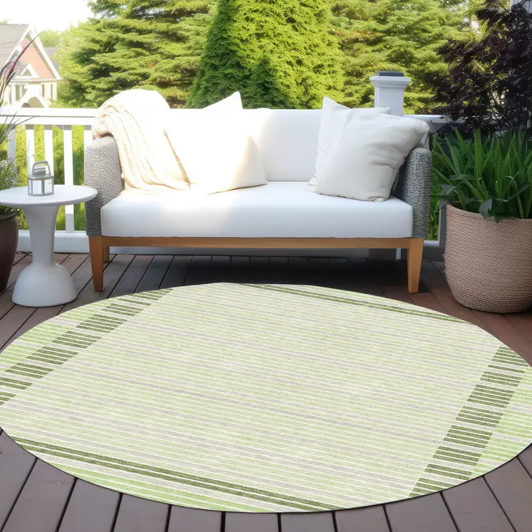 8' Artichoke Green And Mint Green Round Striped Washable Indoor Outdoor Area Rug
