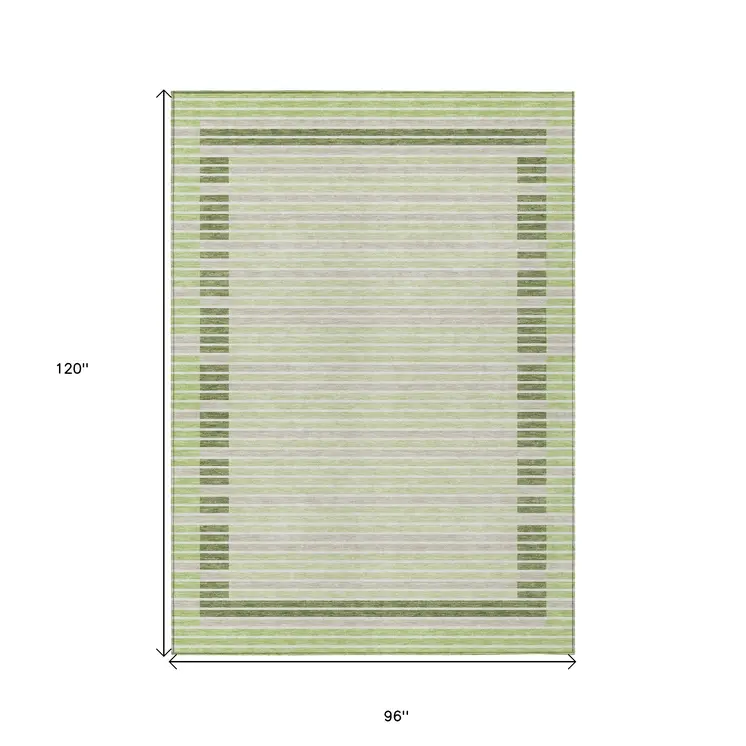 8' X 10' Artichoke Green And Mint Green Striped Washable Indoor Outdoor Area Rug