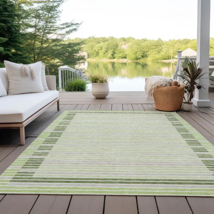 8' X 10' Artichoke Green And Mint Green Striped Washable Indoor Outdoor Area Rug