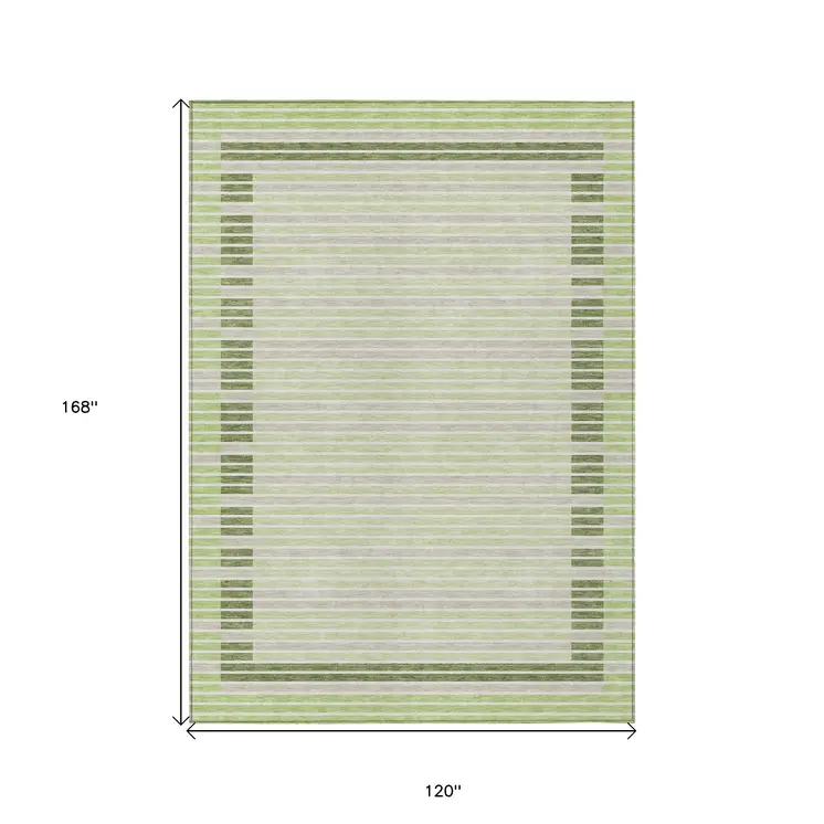 10' X 14' Artichoke Green And Mint Green Striped Washable Indoor Outdoor Area Rug