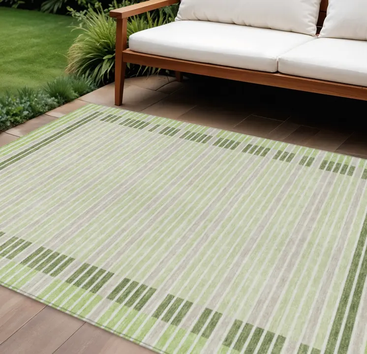 10' X 14' Artichoke Green And Mint Green Striped Washable Indoor Outdoor Area Rug