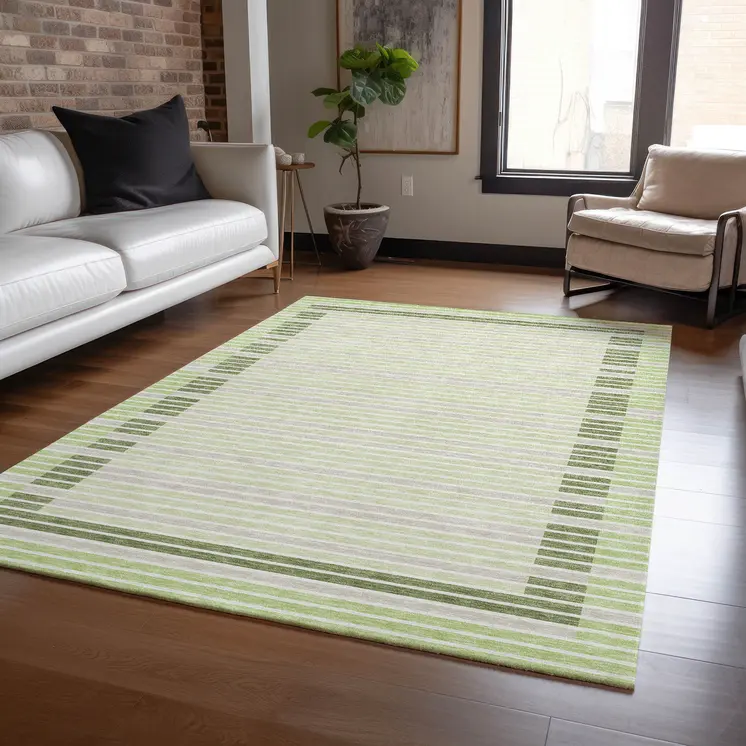 10' X 14' Artichoke Green And Mint Green Striped Washable Indoor Outdoor Area Rug