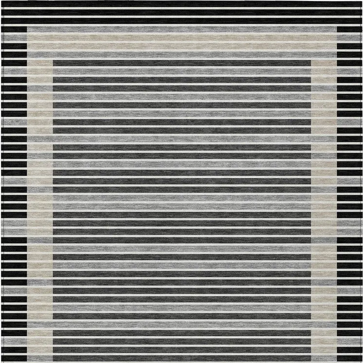 3' X 5' Black And Beige Striped Washable Indoor Outdoor Area Rug