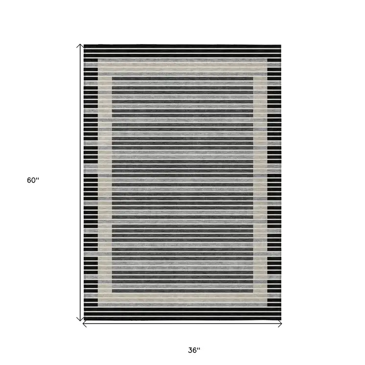3' X 5' Black And Beige Striped Washable Indoor Outdoor Area Rug