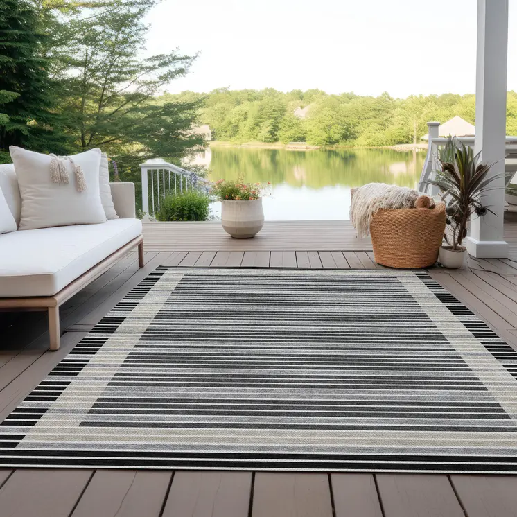 3' X 5' Black And Beige Striped Washable Indoor Outdoor Area Rug