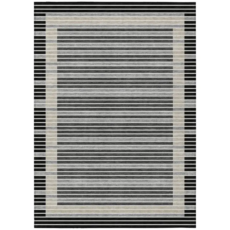 3' X 5' Black And Beige Striped Washable Indoor Outdoor Area Rug
