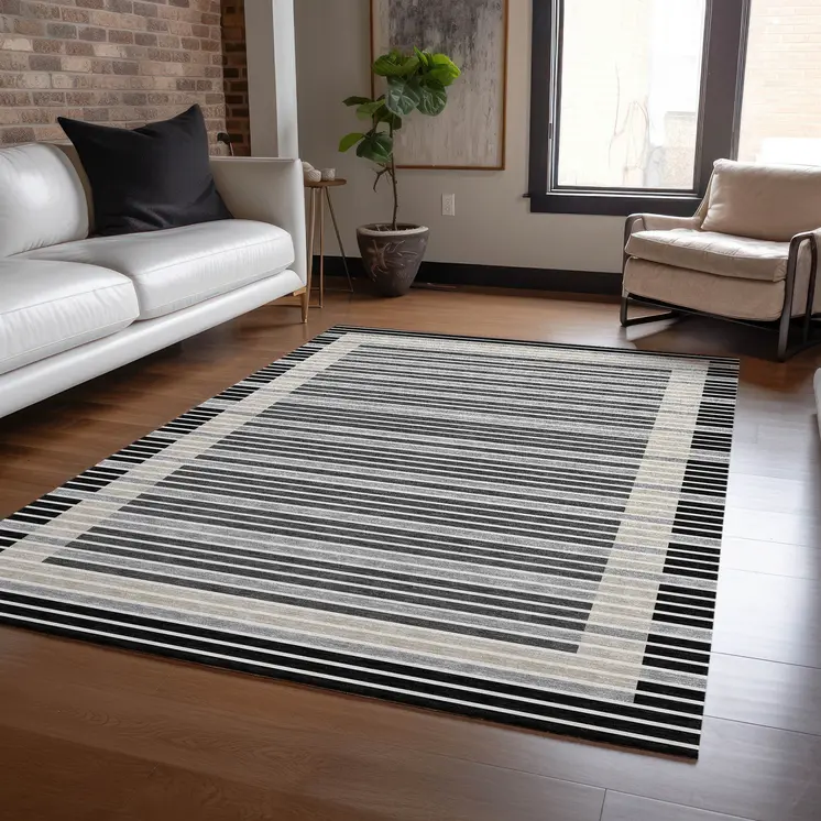 3' X 5' Black And Beige Striped Washable Indoor Outdoor Area Rug