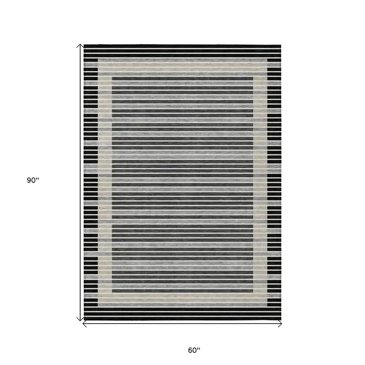 5' X 8' Black And Beige Striped Washable Indoor Outdoor Area Rug