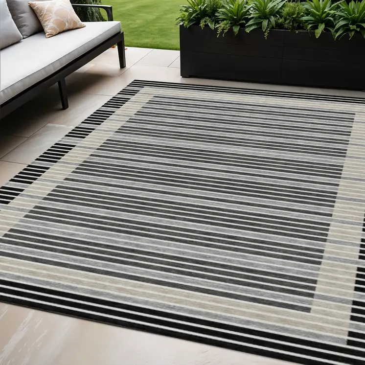 5' X 8' Black And Beige Striped Washable Indoor Outdoor Area Rug