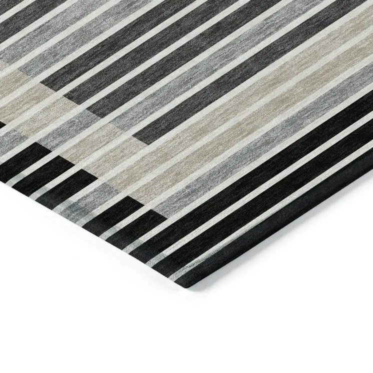 5' X 8' Black And Beige Striped Washable Indoor Outdoor Area Rug