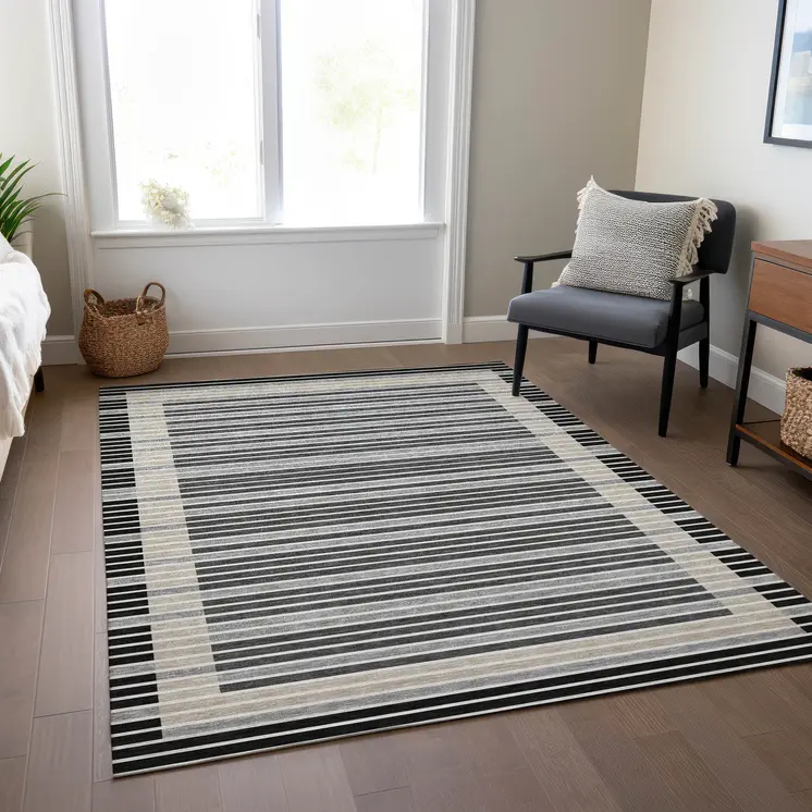 8' X 10' Black And Beige Striped Washable Indoor Outdoor Area Rug