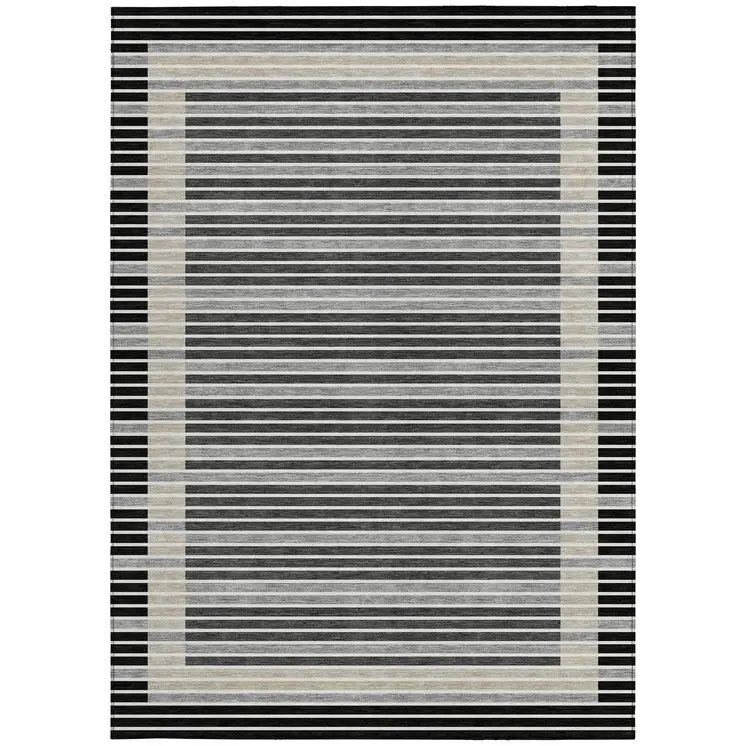 9' X 12' Black And Beige Striped Washable Indoor Outdoor Area Rug