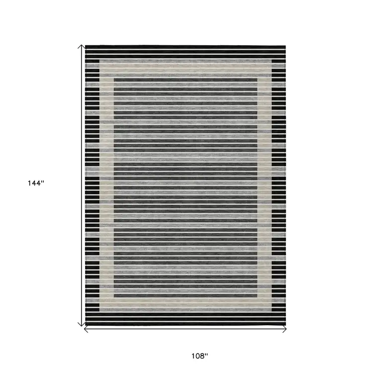 9' X 12' Black And Beige Striped Washable Indoor Outdoor Area Rug