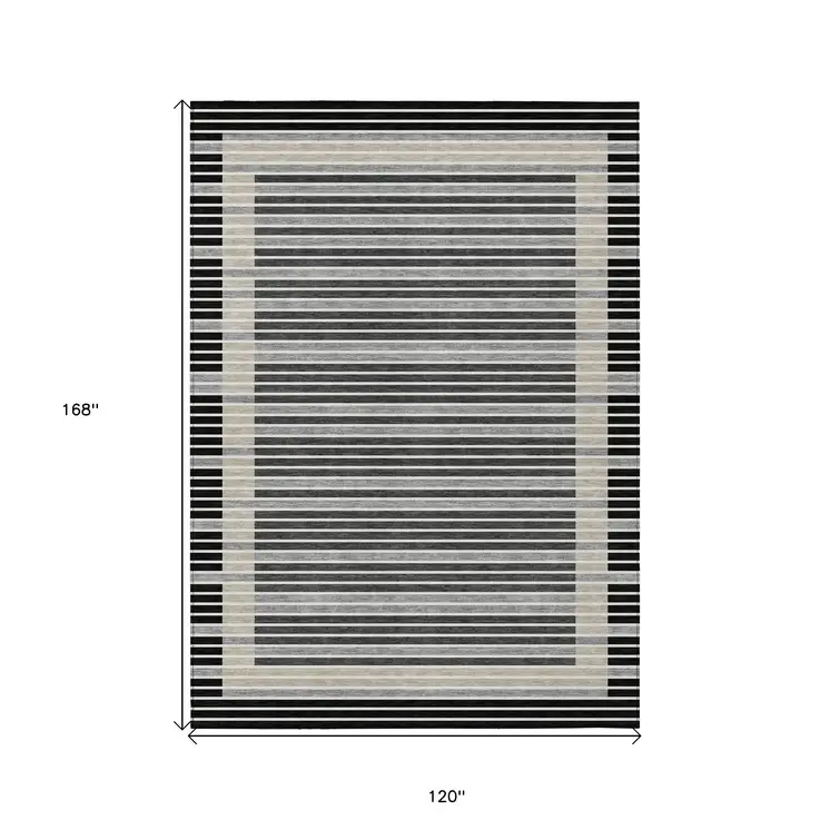 10' X 14' Black And Beige Striped Washable Indoor Outdoor Area Rug