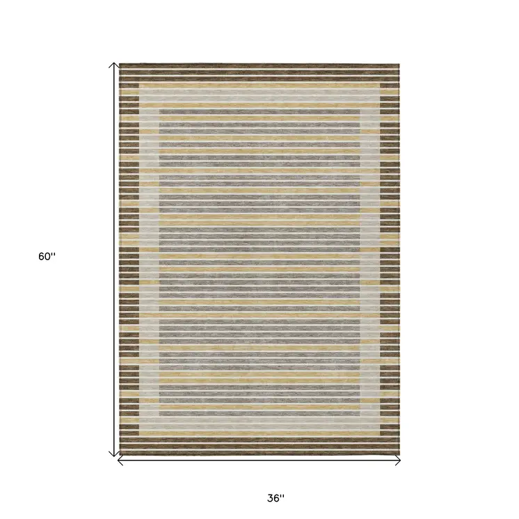 3' X 5' Brown And Ivory Striped Washable Indoor Outdoor Area Rug