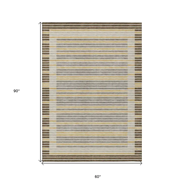 5' X 8' Brown And Ivory Striped Washable Indoor Outdoor Area Rug