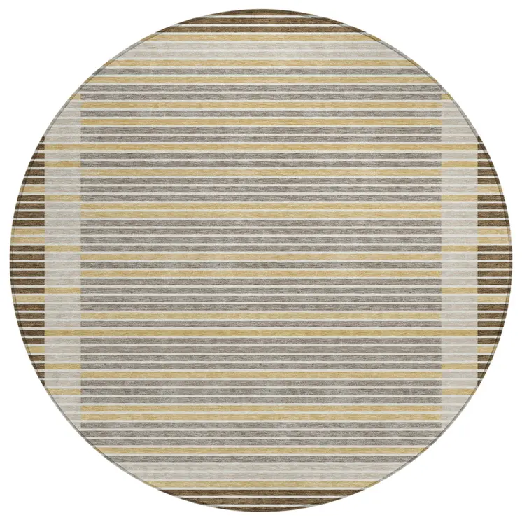 8' Brown And Ivory Round Striped Washable Indoor Outdoor Area Rug