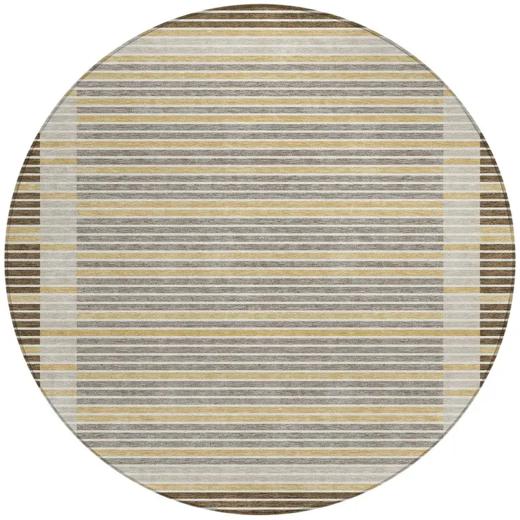 8' Brown And Ivory Round Striped Washable Indoor Outdoor Area Rug