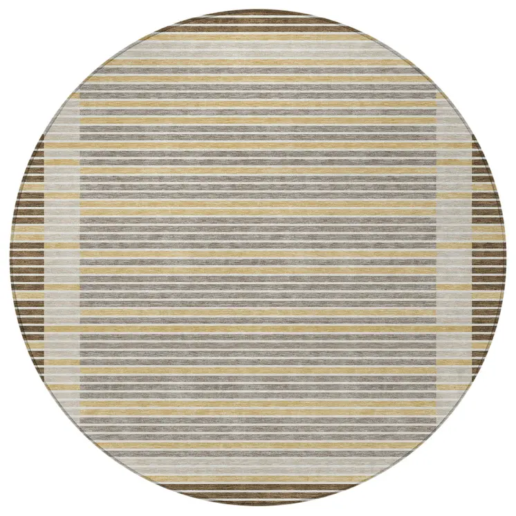 8' Brown And Ivory Round Striped Washable Indoor Outdoor Area Rug